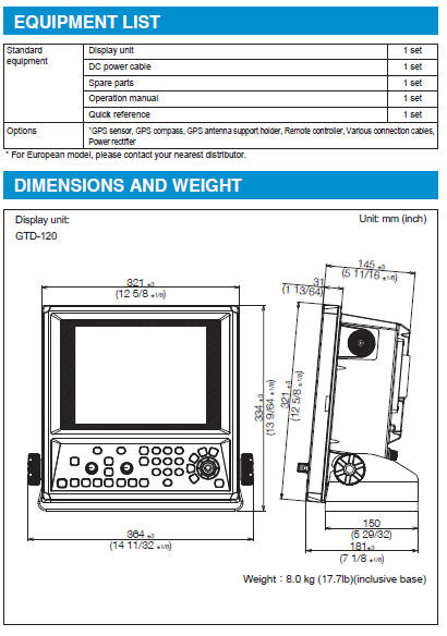 Equipment list, Dimension and Weight