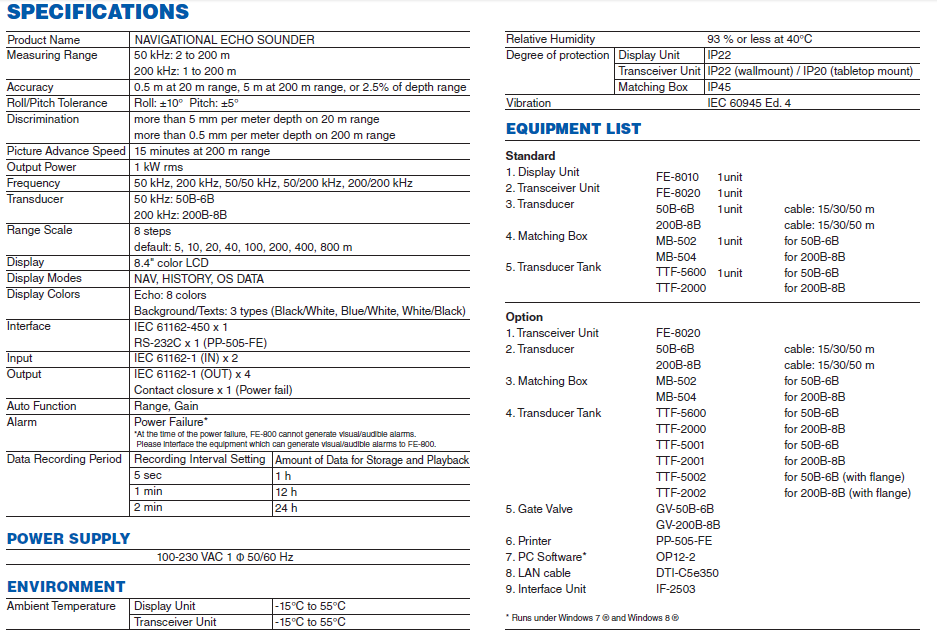 FE-800 Navigational Echo Sounder Specification