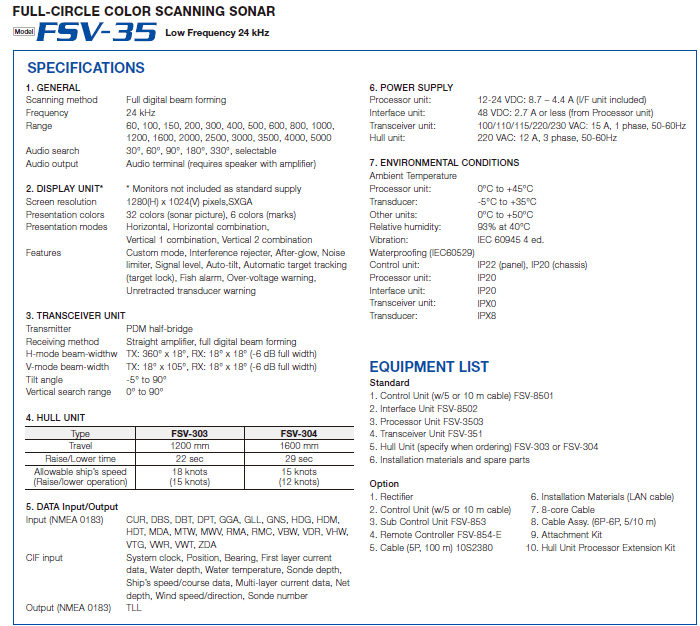 FULL-CIRCLE COLOR SCANNING SONAR FSV-35 LOW FREQUENCY 24 KHz SPECIFICATION AND EQUIPMENT LIST