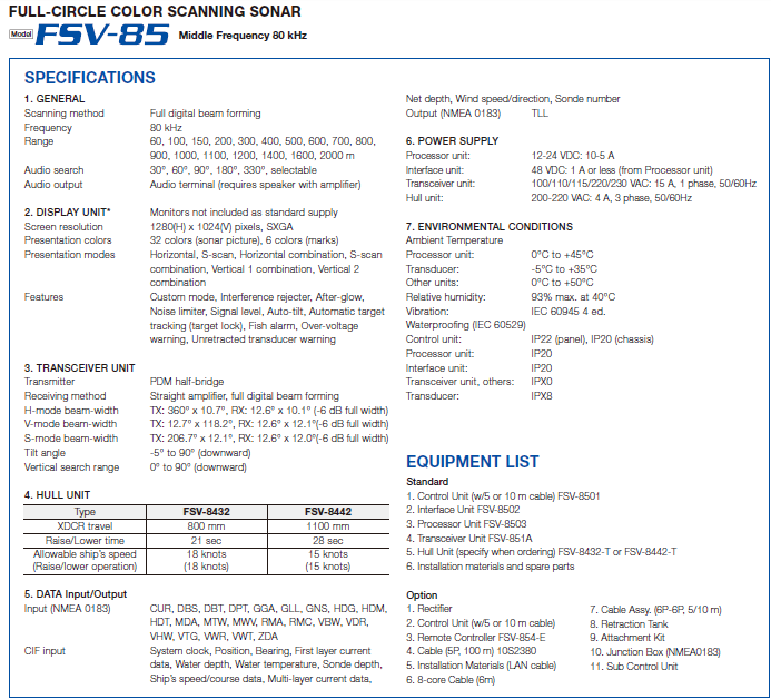 FULL-CIRCLE COLOR SCANNING SONAR FSV-85 MIDDLE FREQUENCY 80 KHz SPECIFICATION AND EQUIPMENT LIST