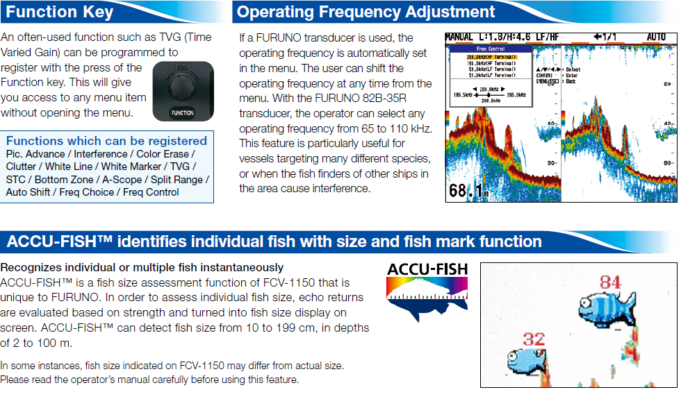 Function Key, Operating Frequency Adjustment, ACCU-FISH identifies individual fish with size and fish mark function