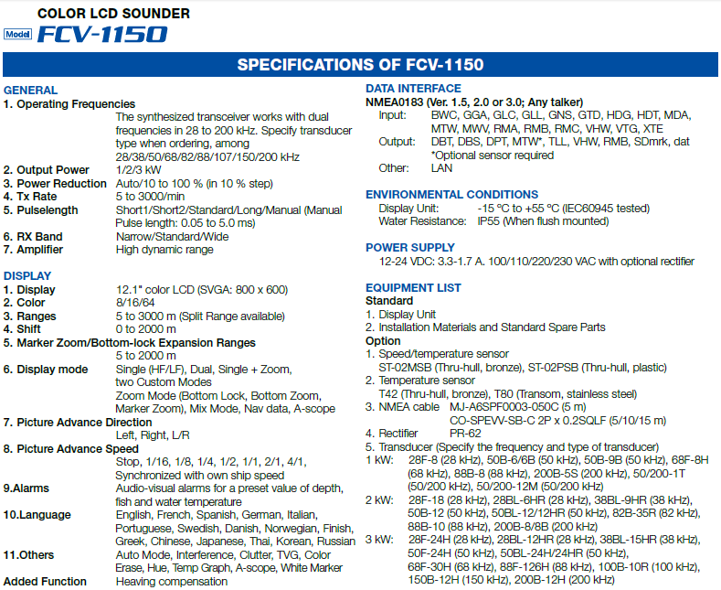 Specification Of Furuno FCV-1150
