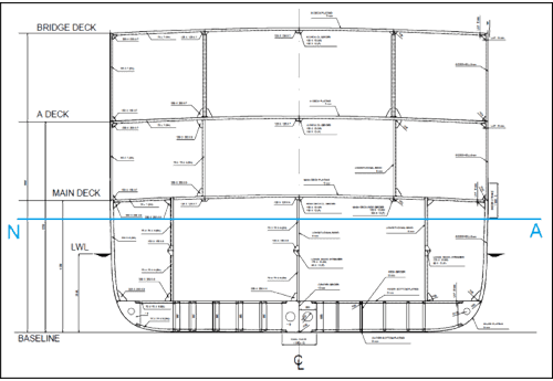 Midship section drawing of a passenger vessel
