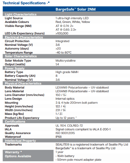 2NM Bargesafe Solar Barge Light Technical Specification
